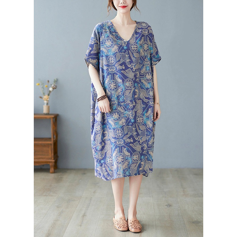 Summer Blue V Neck Print Cotton Holiday Dress