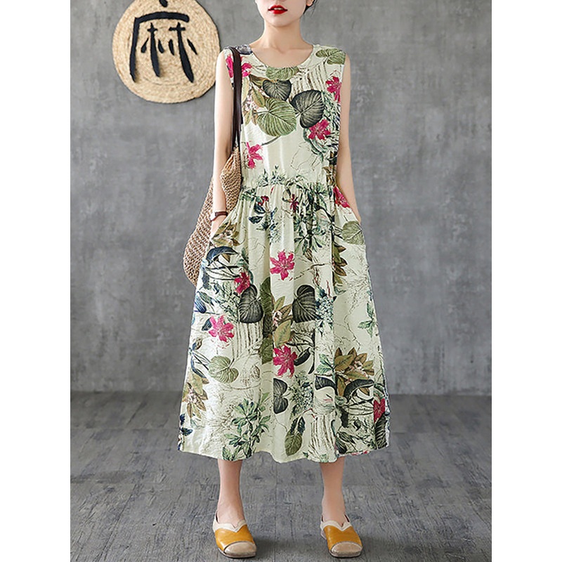Summer Casual Floral Printed Cotton Dress Sleeveless