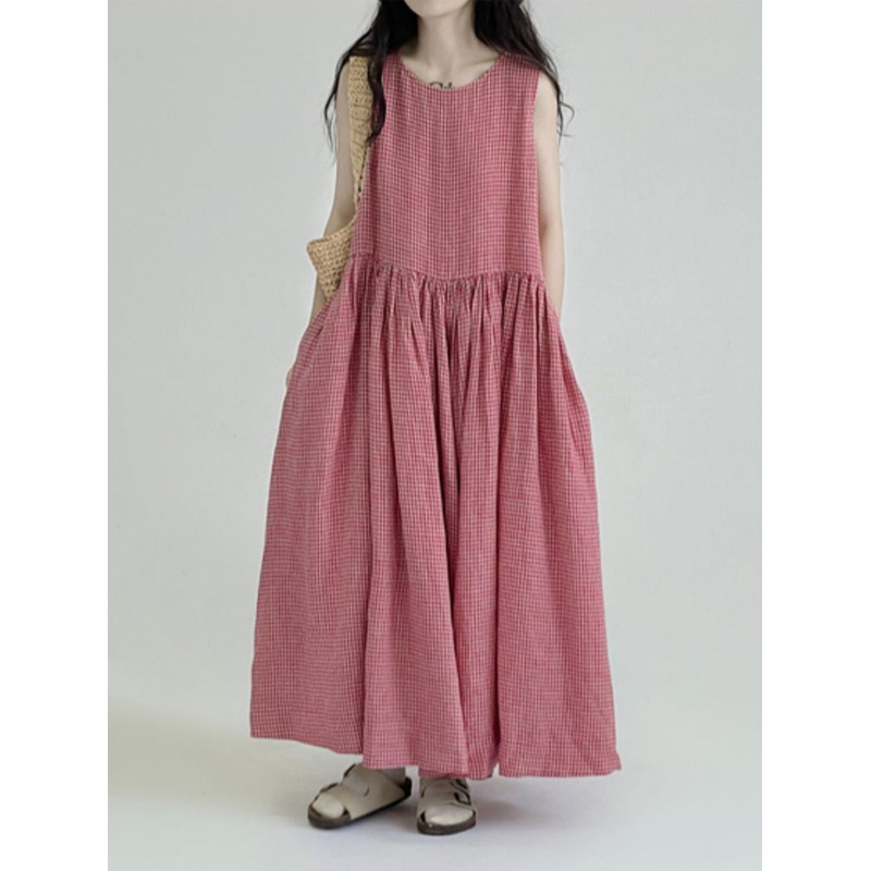 Summer Casual Plaid Pleated Loose Linen Dress