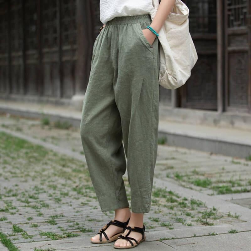 Summer Elastic Waist Split Cotton Linen Harem Pants