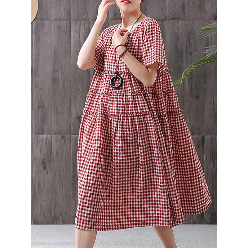 Summer Loose Cotton Plaid Dress Short Sleeve