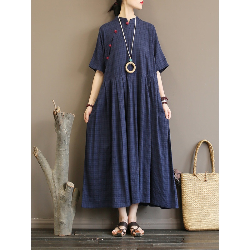 Summer Vintage Pleated Cotton Plaid Dress