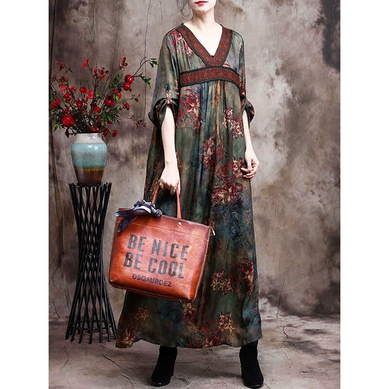 Summer Women Retro Rayon Flower Maxi Dress