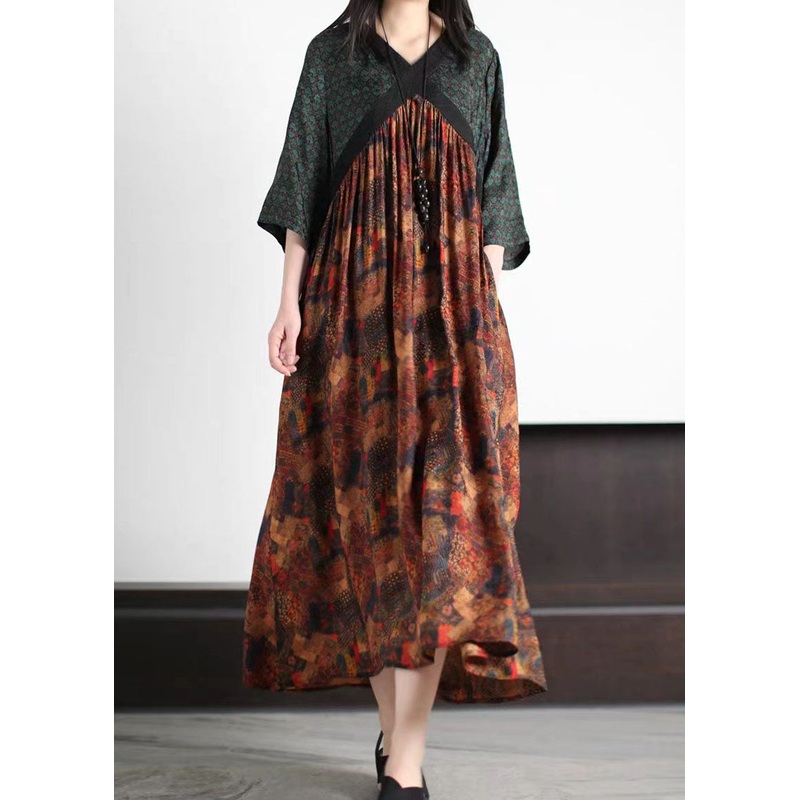 Unique Green V Neck Print Wrinkled Patchwork Silk Dress Summer