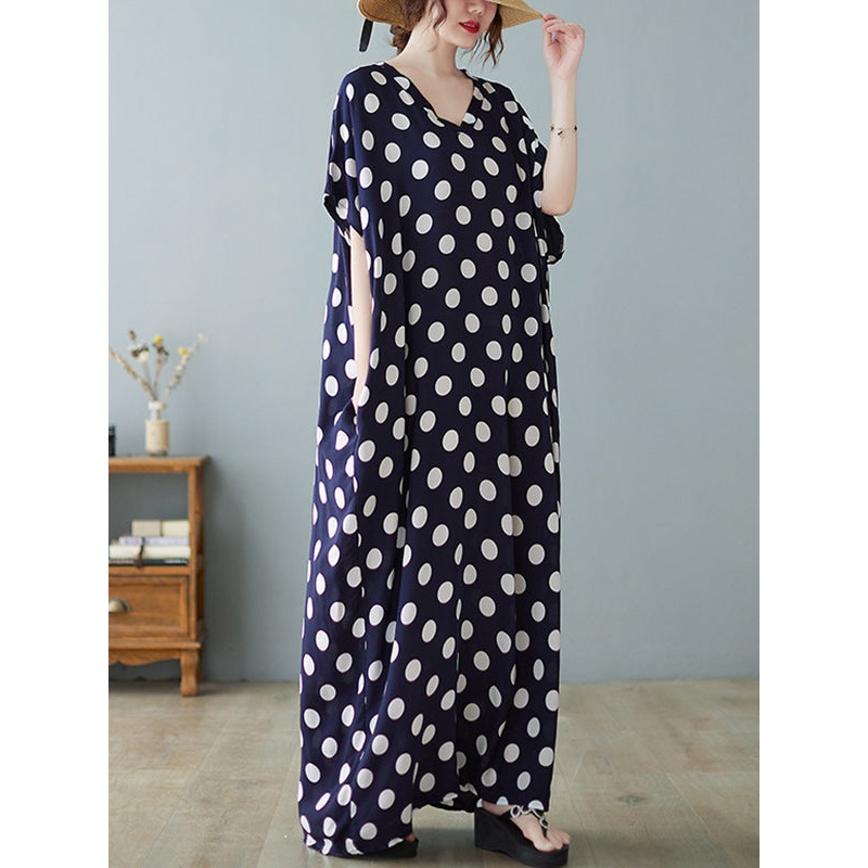 Urban Loose Polka-Dot Printed A-Line Maxi Dress