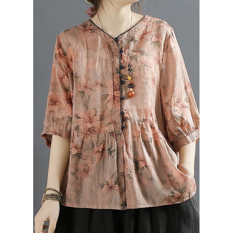 V Neck Floral Print Wrinkled Patchwork Linen Shirt