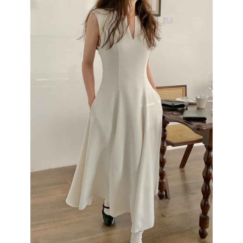 V-neck Solid Color A-line Midi Dress