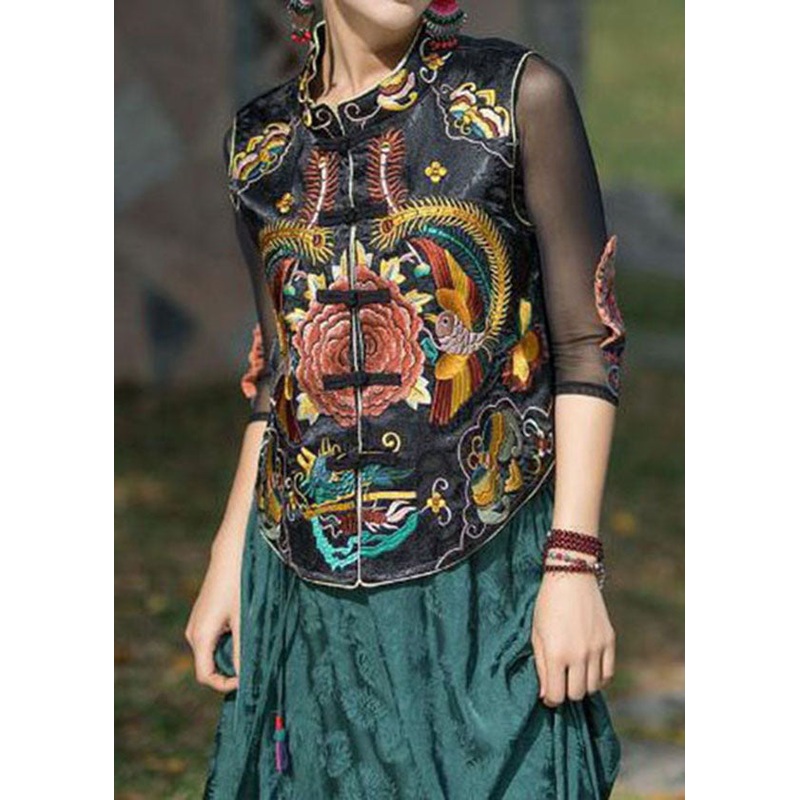 Vintage Black Stand Collar Embroideried Patchwork Silk Vest Sleeveless