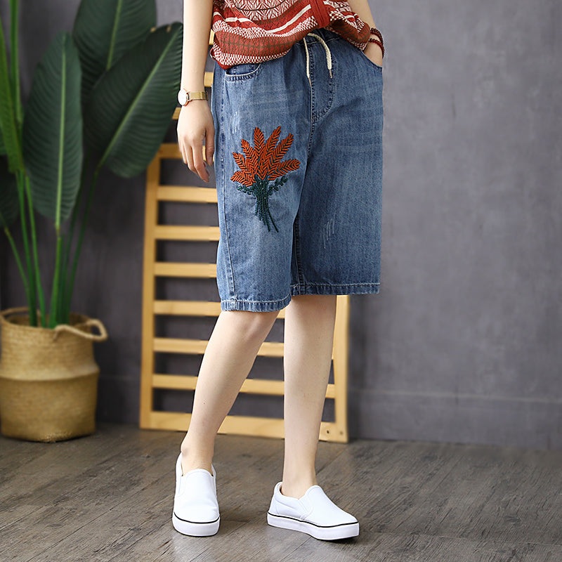 Vintage Embroidery Cotton Denim Shorts Summer