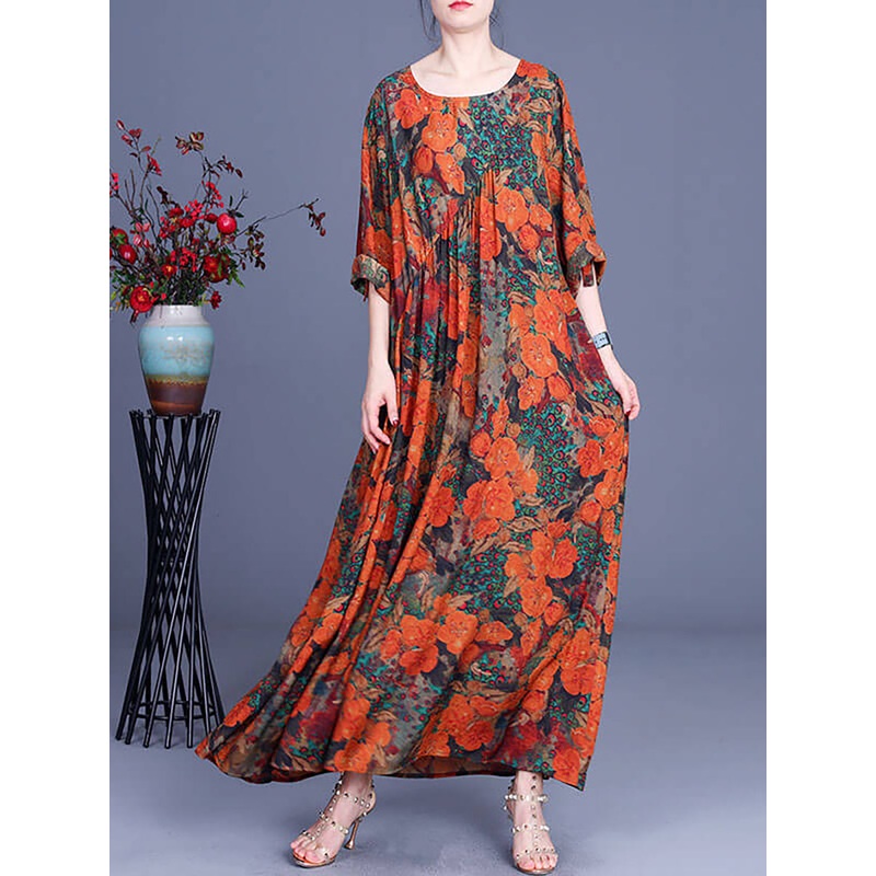 Vintage Floral Irregular Casual Maxi Dress