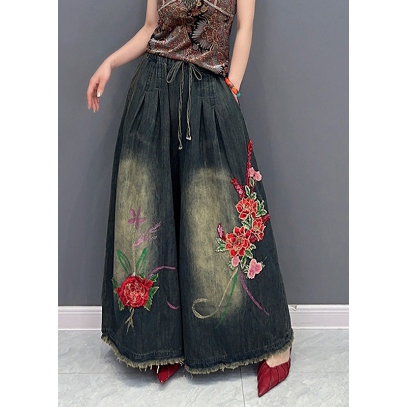 Vintage Navy Embroideried Tie Waist Pockets Wide Leg Denim Pants