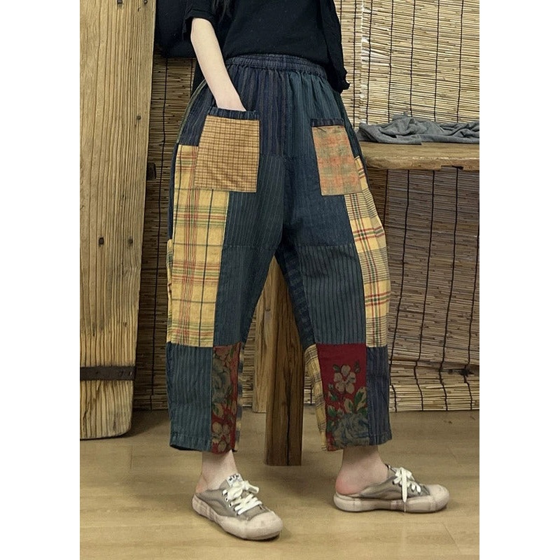 Vintage Print Patchwork Plaid Old Beam Pants Summer