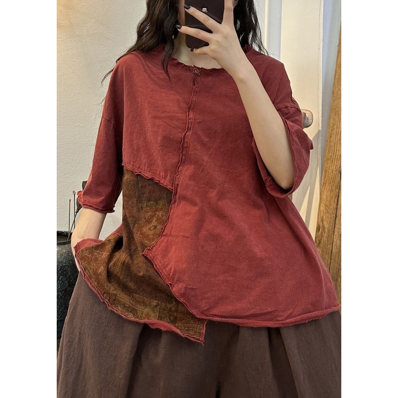 Vintage Red Asymmetrical Patchwork Cotton T Shirt Tops Summer