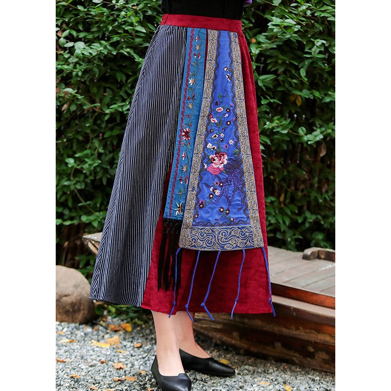 Vintage Red Embroideried Floral A Line Skirt Summer