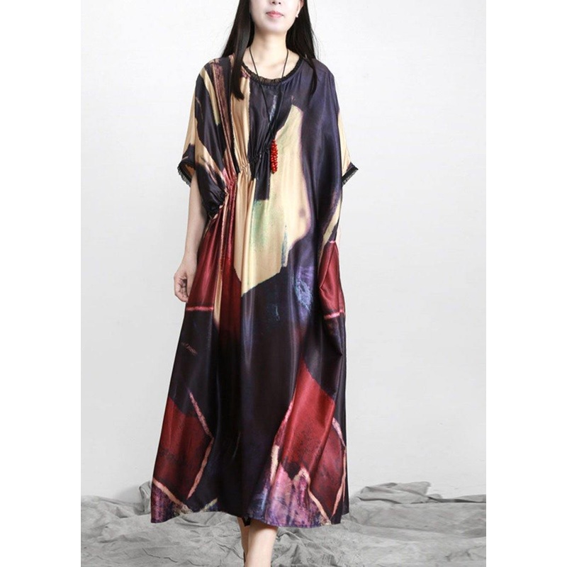 Women Black Print Silk Party Dress Batwing Sleeve