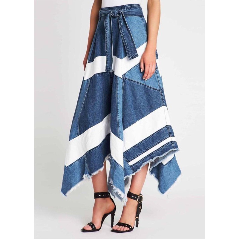 Women Blue Asymmetrical Patchwork Denim A Line Skirts Summer