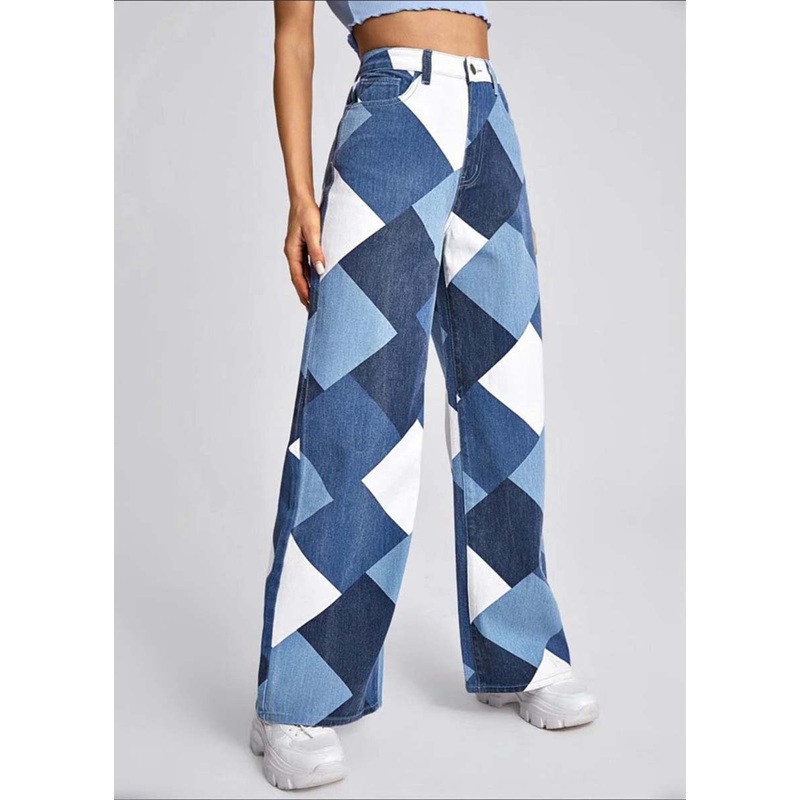 Women Blue Oversized Plaid Denim Straight Pants Summer