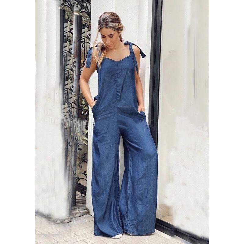 Women Blue Oversized Pockets Denim Wide Leg Jumpsuit Summer