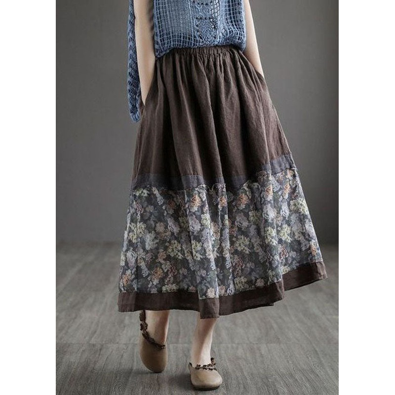 Women Coffee Wrinkled Pockets Print Patchwork Linen Skirt Summer