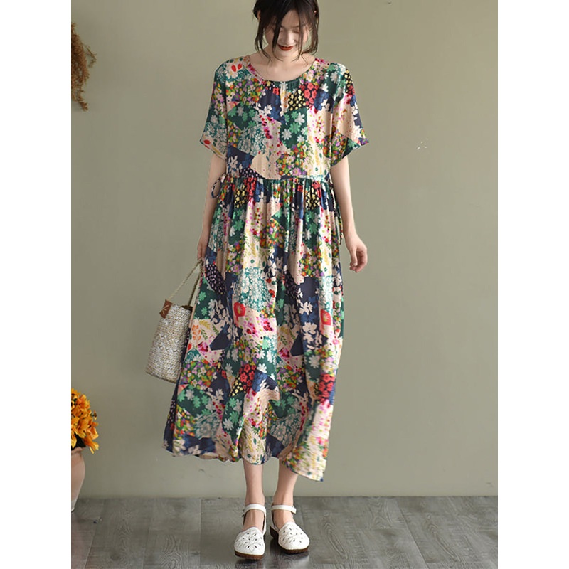 Women Floral Print Summer Loose Dress Short Sleeve