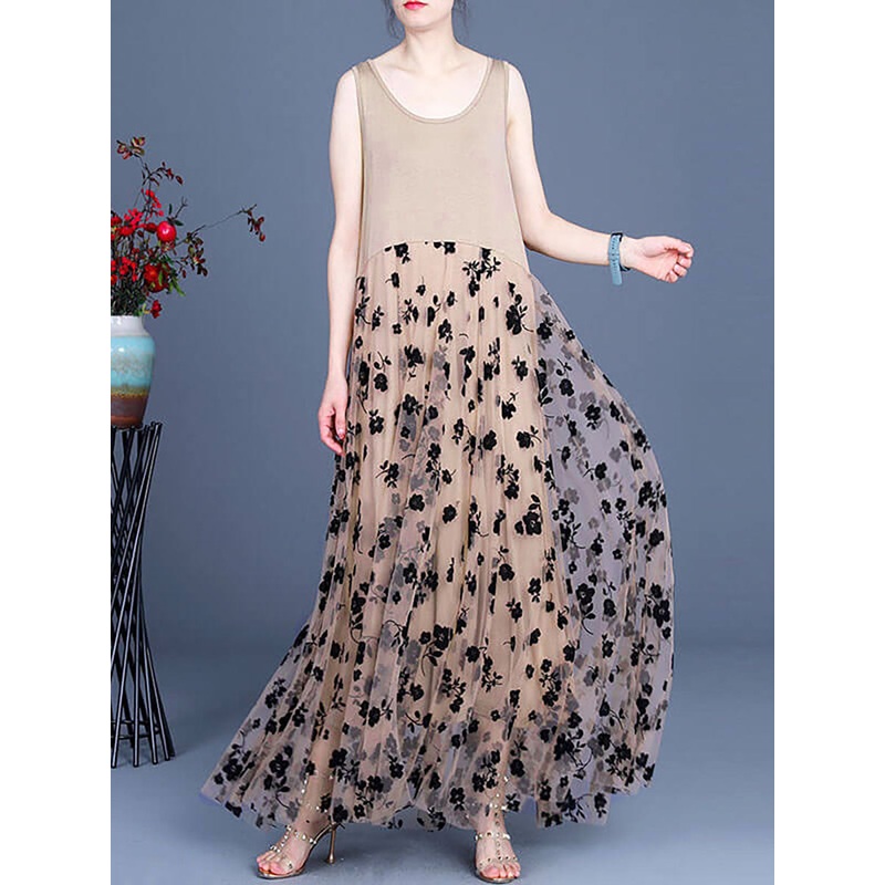 Women Lace Casual Retro Stitching Maxi Dress