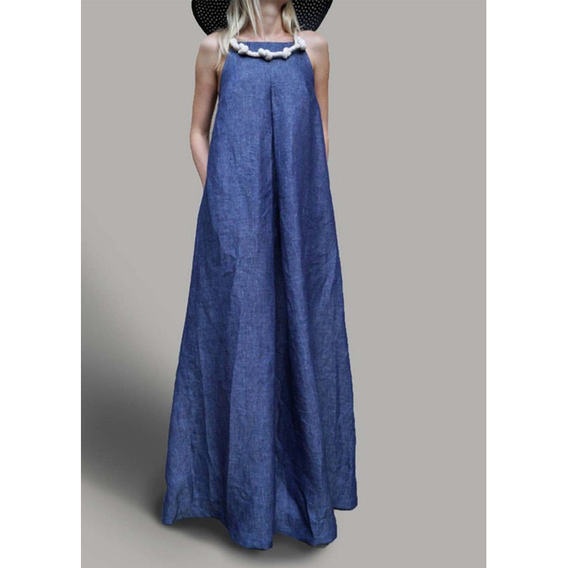 Women Navy Oversized Denim Holiday Dress Sleeveless