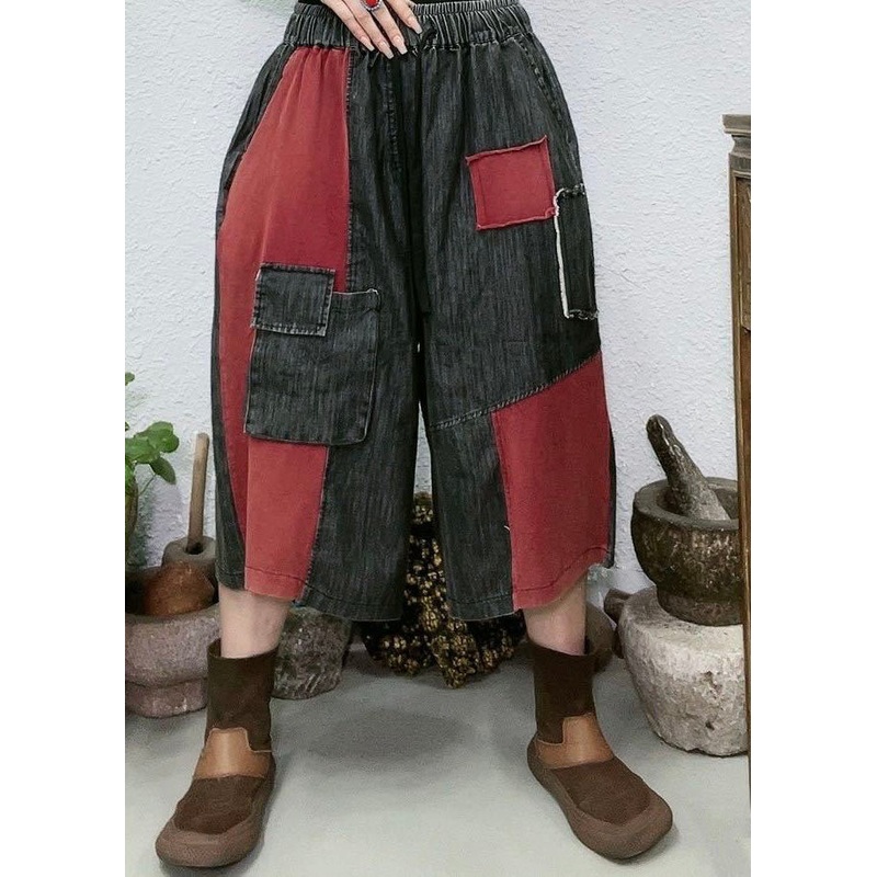 Women Red Pockets Patchwork Denim Wide Leg Pants Summer