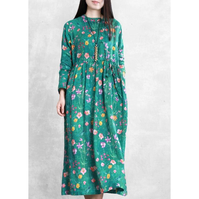 Women Stand Collar Drawstring Linen Green Print Dress
