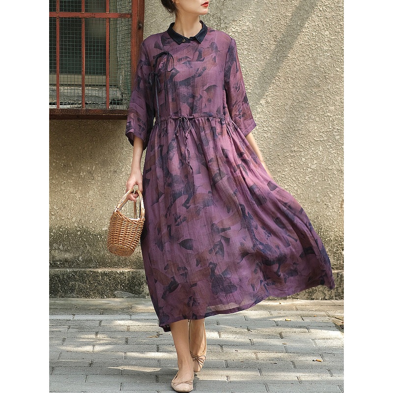 Women Summer Drawstring Print Loose Dress Half Sleeve