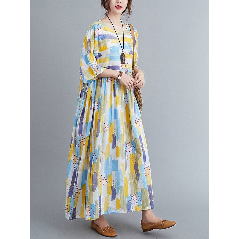 Women Summer Original Print Round-Neck Dress