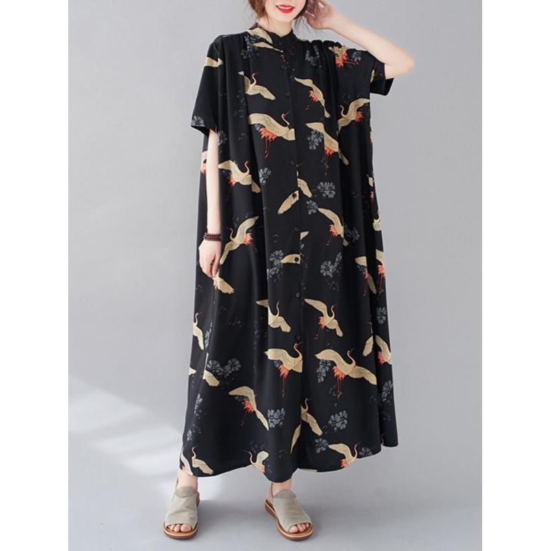 Women Summer Printed Stand Collar Shirt Dress