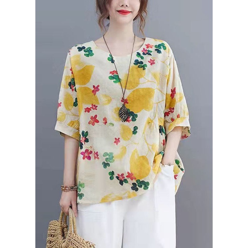 Yellow O Neck Print Patchwork Linen T-Shirts