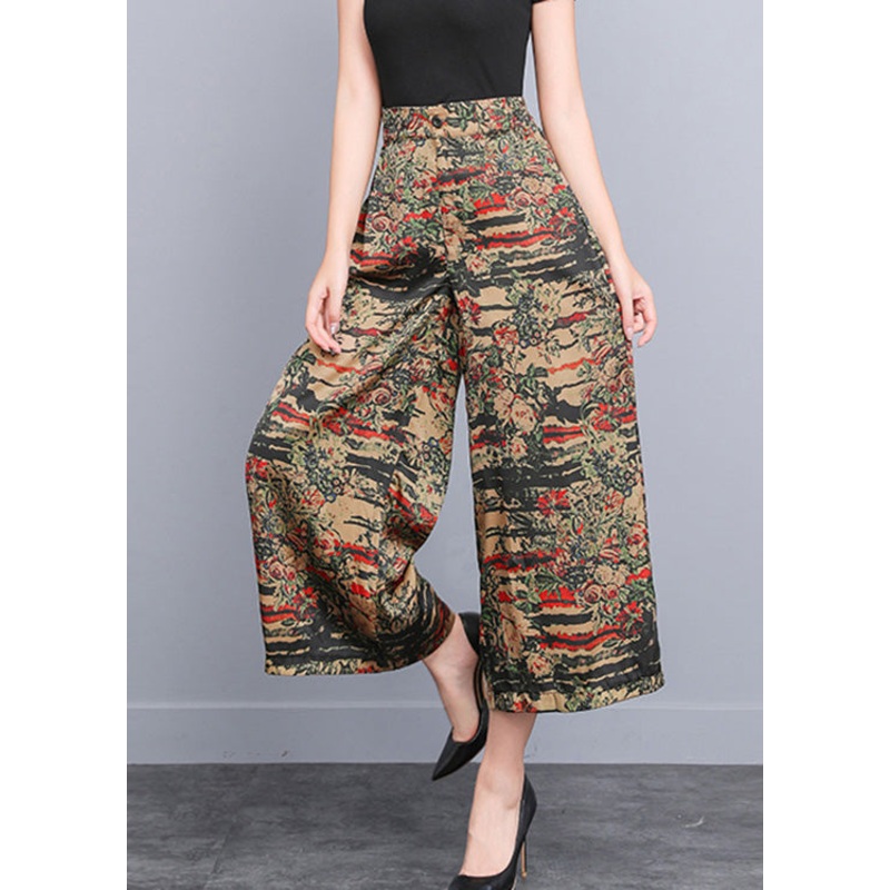 Yellow Print Elastic Waist Silk Wide Leg Pants Summer