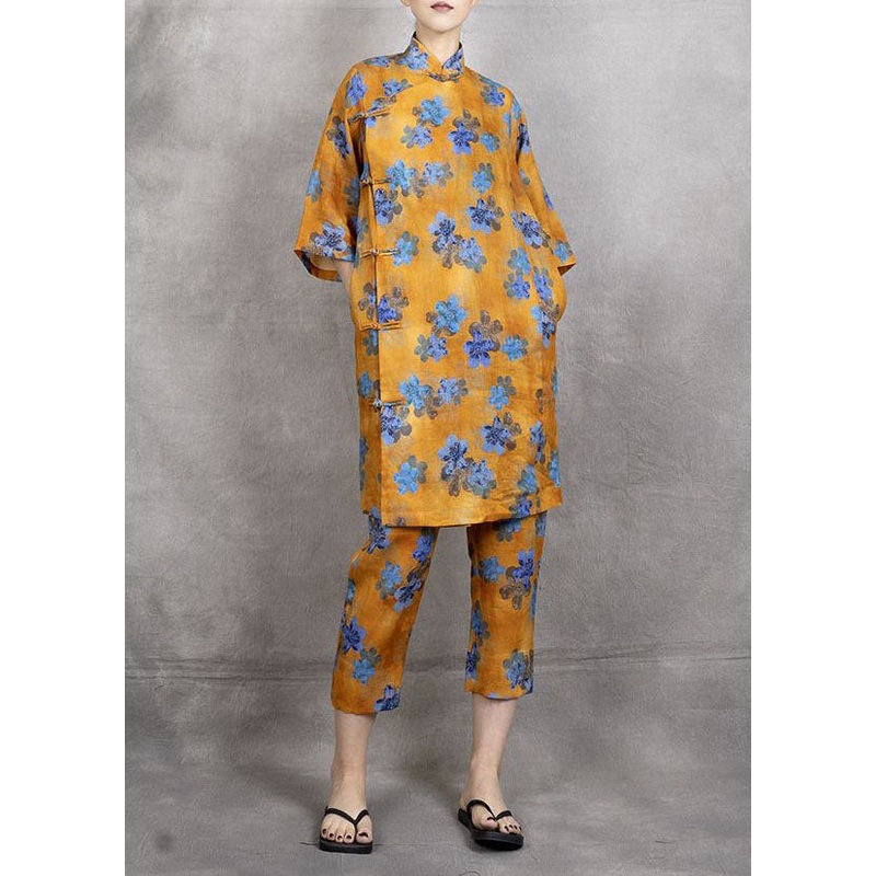 Yellow Print Patchwork Linen Two Pieces Set Chinese Button Summer