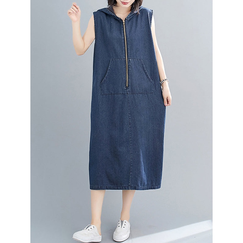 Zipper Loose Hooded Midi Dress Sleeveless