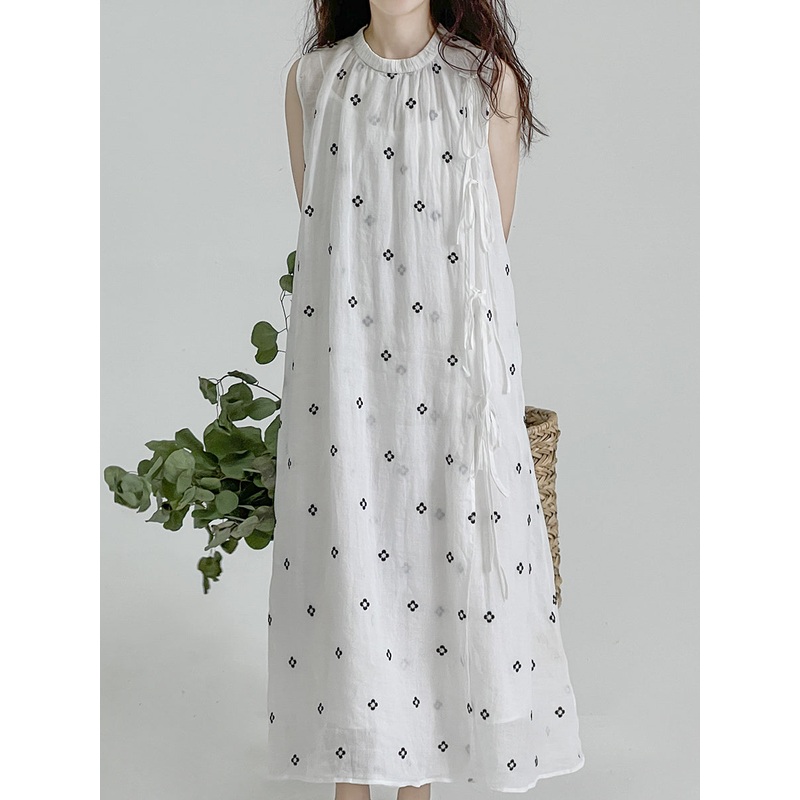 2023 Summer Vintage Flower Drawstring Button Vest Dress