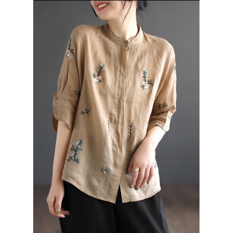 Art Khaki Embroidered Floral Button Ramie Shirt Half Sleeve
