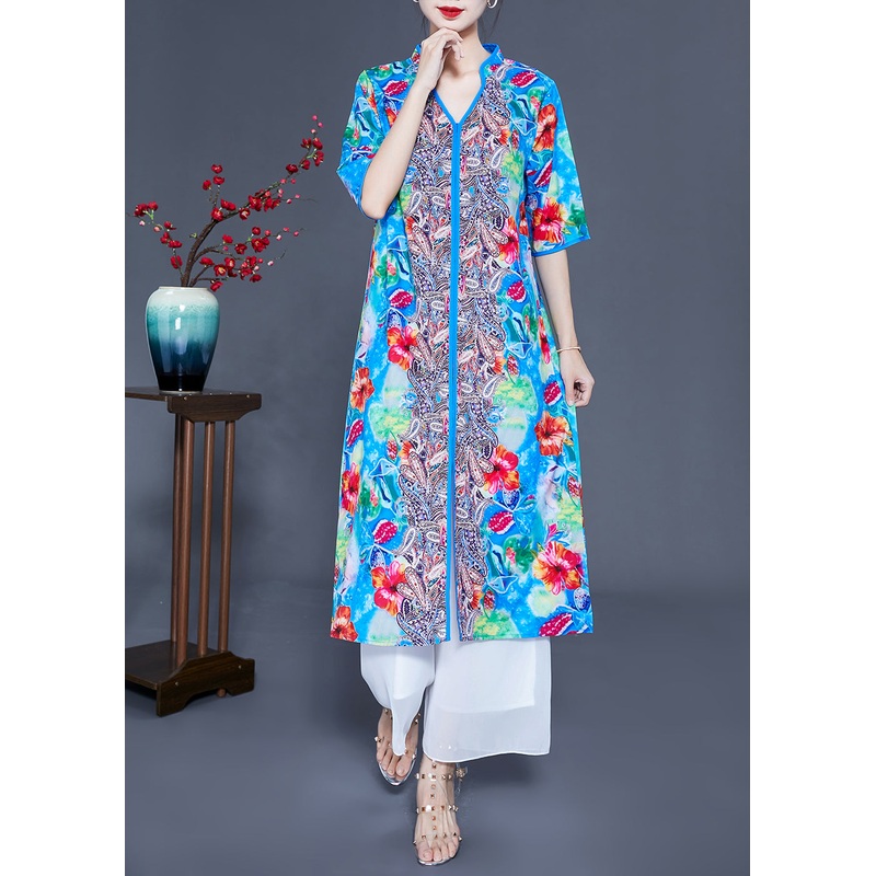 Art Light Blue V Neck Patchwork Print Side Open Silk Beach Dresses Summer