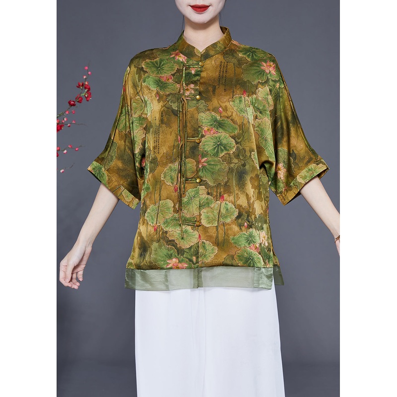 Art Light Green Stand Collar Patchwork Print Tassel Silk Top Half Sleeve