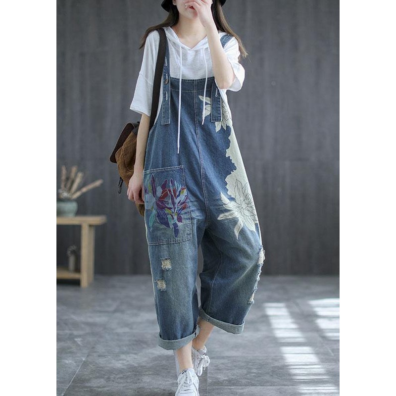 Art Navy Print Retro Hole Pockets Overall Jumpsuit