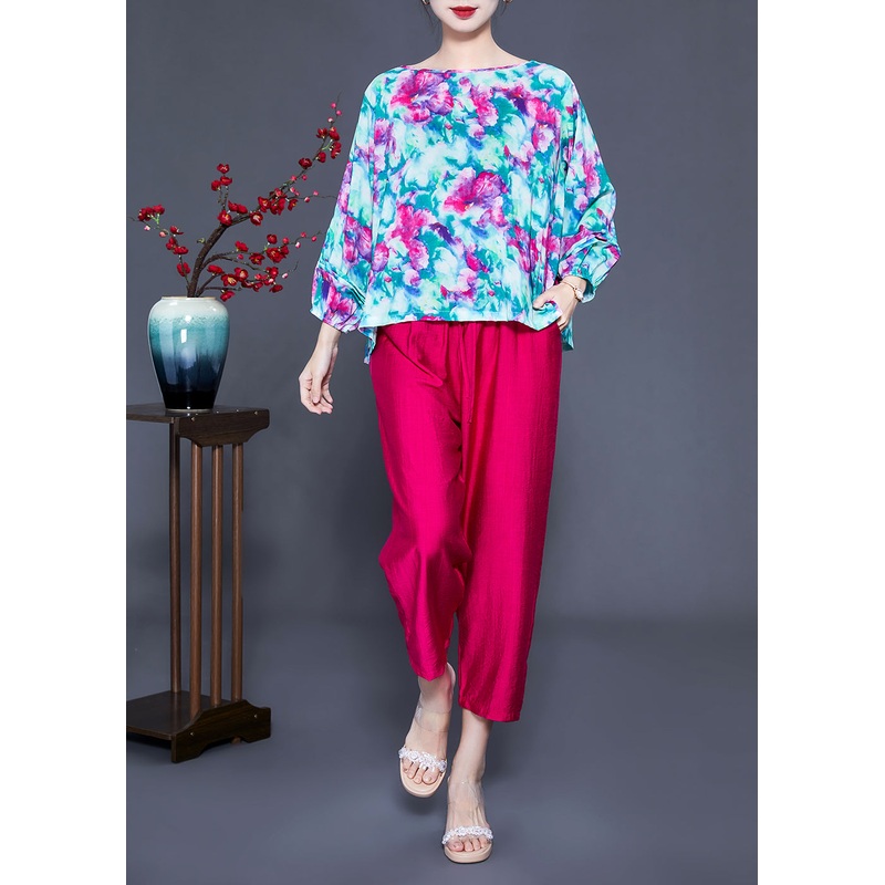 Art O-Neck Oversized Print Tops And Pants Two Pieces Set Batwing Sleeve