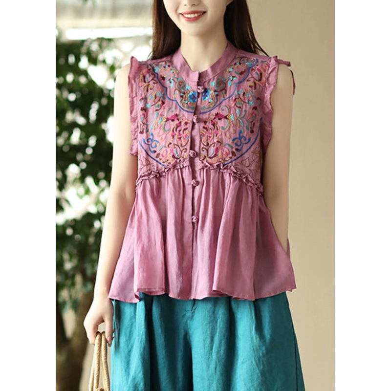 Art Pink Embroidered Floral Ramie Shirts Sleeveless