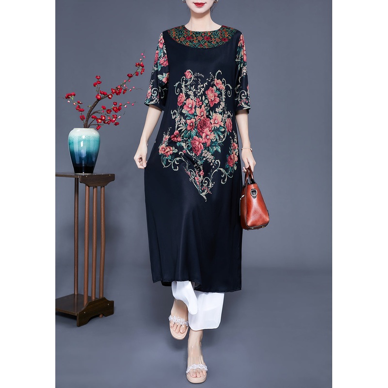 Beautiful Black O-Neck Print Silk Holiday Dress Half Sleeve