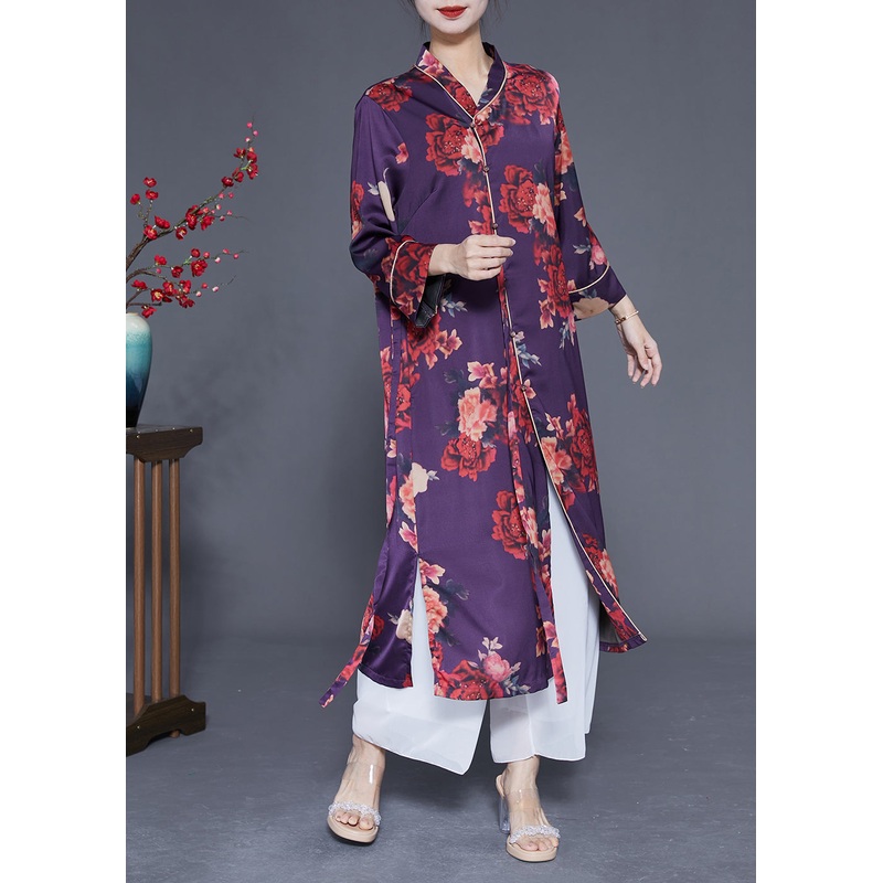 Beautiful Purple Print Lace Up Side Open Silk Long Dress Bracelet Sleeve