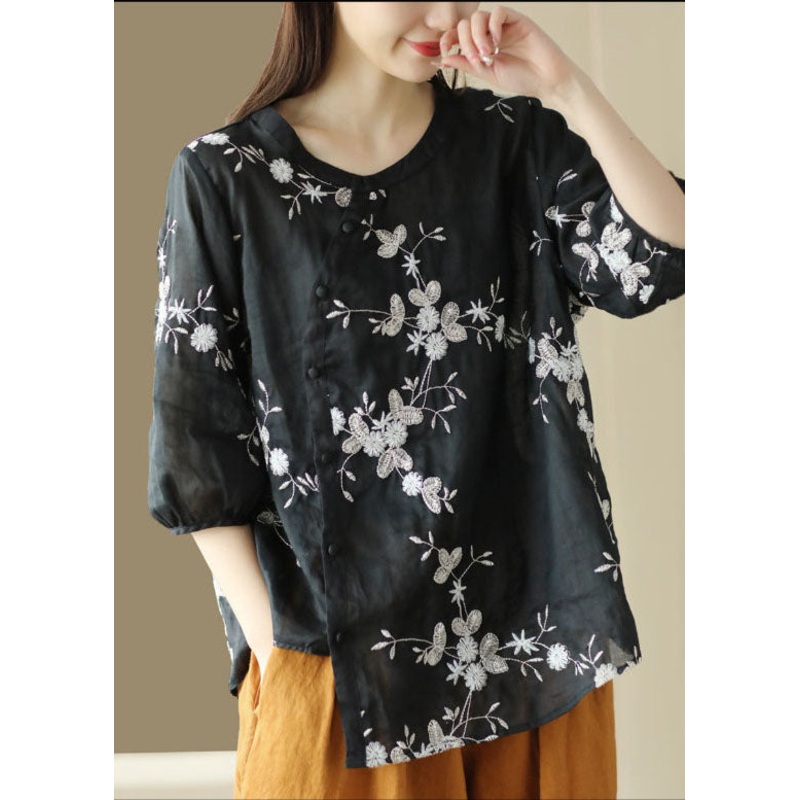 Black Patchwork Linen Top O-Neck Embroideried Button Summer