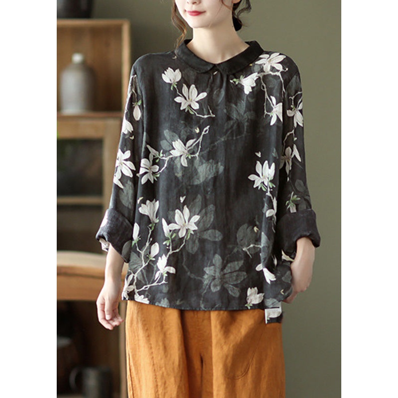 Black Print Cozy Ramie Top Long Sleeve