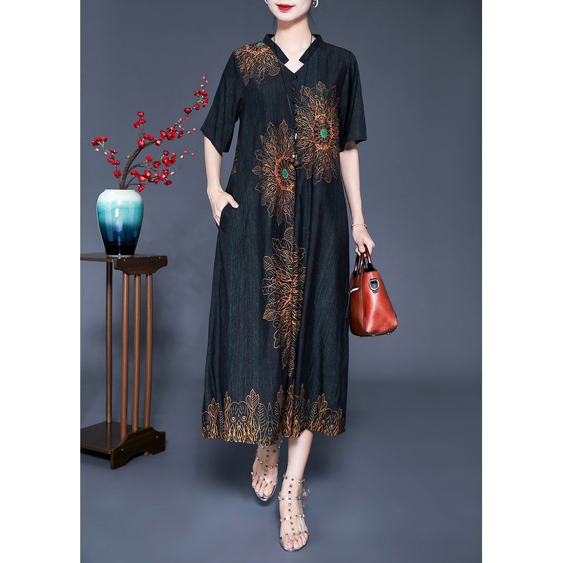 Black Print Silk Long Dress Oversized Pocket Summer