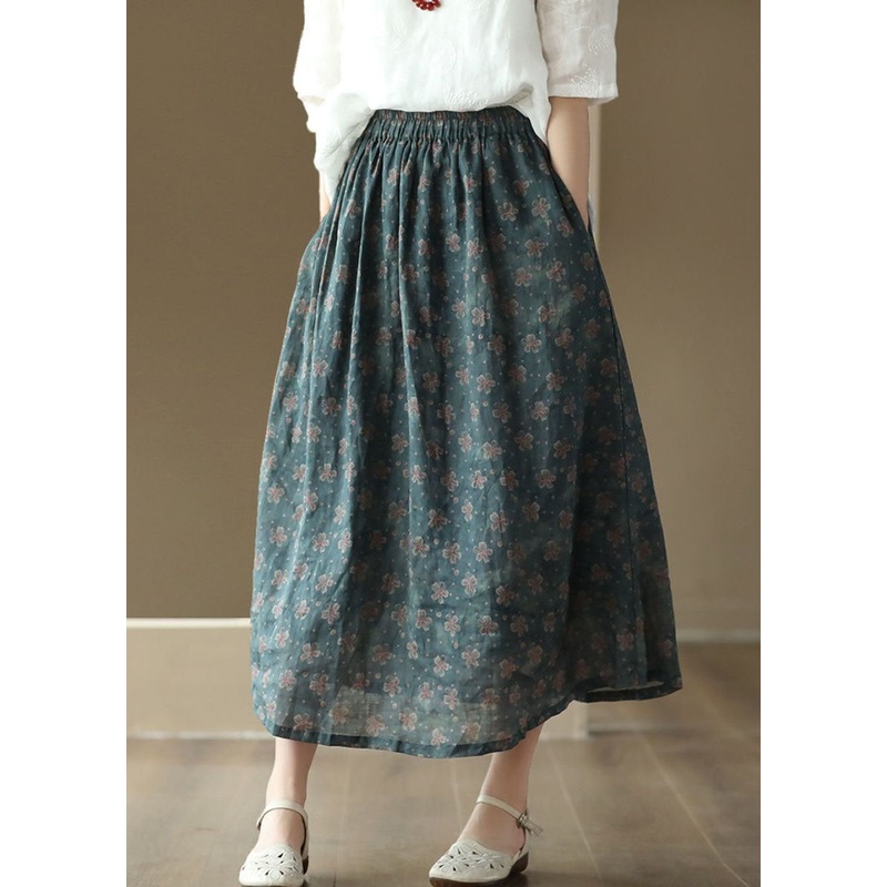 Blue Pockets Print Patchwork Linen Skirts Wrinkled Summer