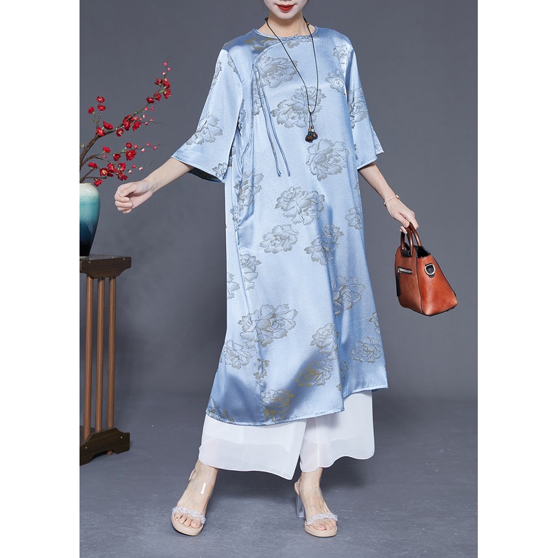 Blue Print Silk Long Dresses Chinese Button Tassel Half Sleeve