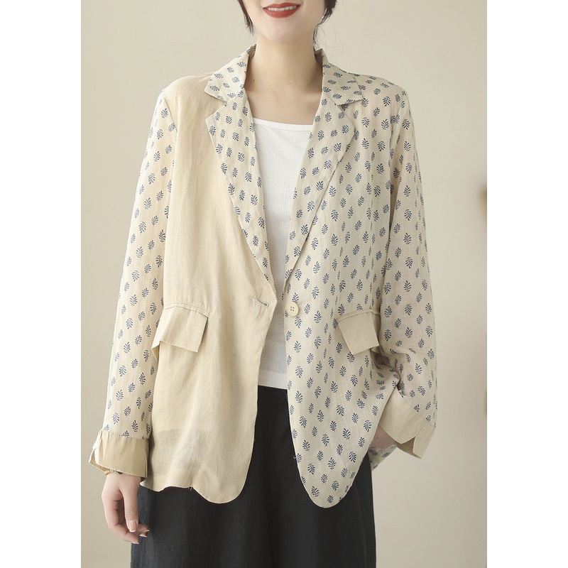 Bohemian Beige Peter Pan Collar Print Ramie Coats Long Sleeve